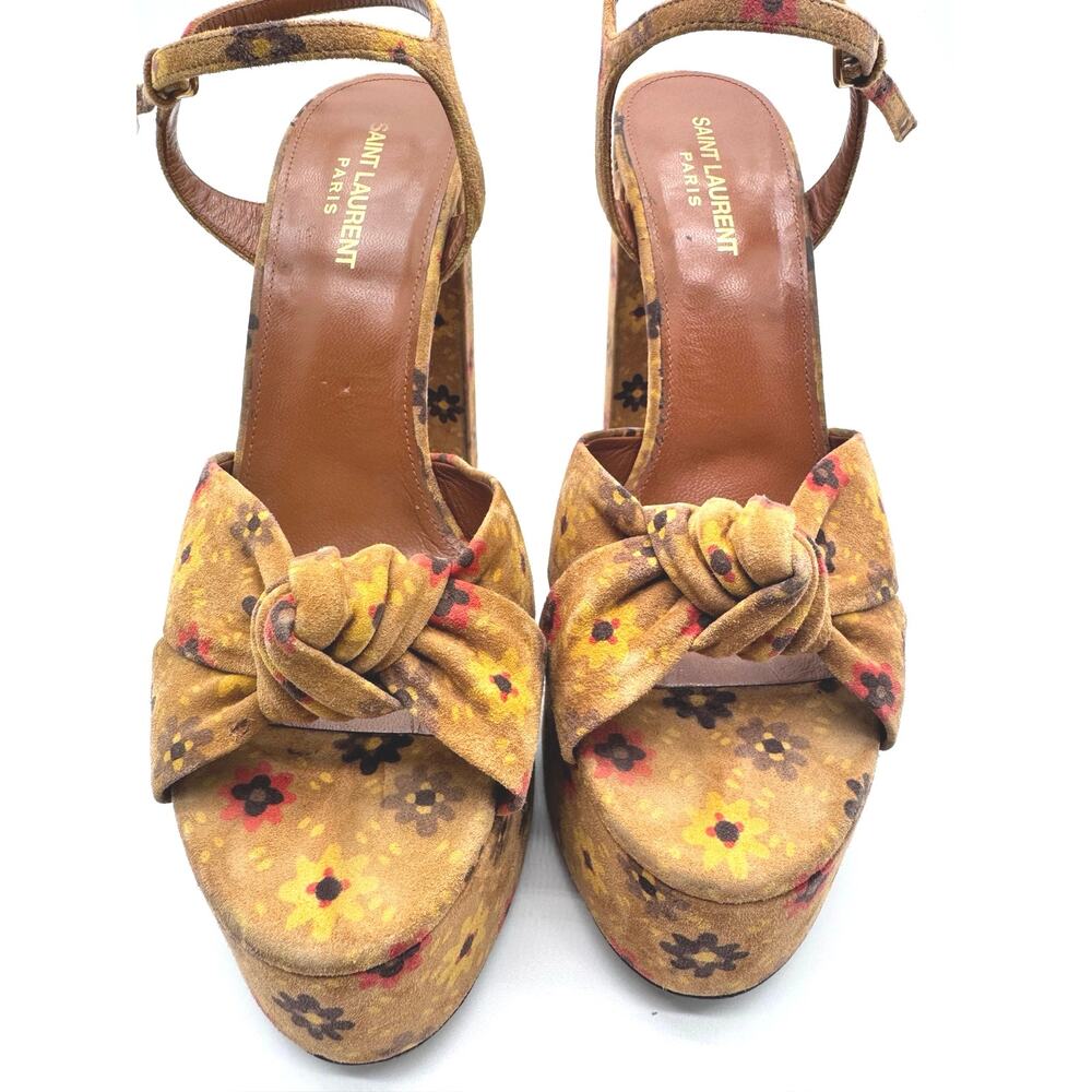 Saint Laurent Bianca Floral Suede Platform Sandals Knotted Heel EU 39.5 - Picture 5 of 11
